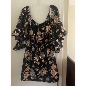 BLUSH black w cream and pink floral tie-waist mini dress L